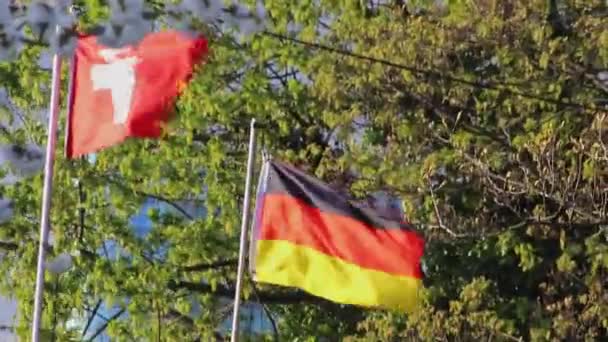 スイスの国旗とドイツ国旗は 紛争や合意のための政府の協力とシンボルとして風の強い日にスイスドイツの友情とドイツのスイスとの関係を示しています — ストック動画