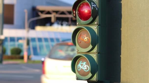 Piros Közlekedési Lámpáról Zöld Közlekedési Lámpára Váltás Homályos Hátterű Motorosok — Stock videók