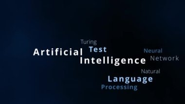 Yapay Zeka etiketi bulutu ve kelime bulutu nöral ağ, turing testi, makine öğrenme, doğal dil işleme veya dijital dönüşüm gibi yapay zeka terimleriyle