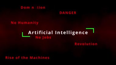 Yapay Zeka etiketi bulutu ve kelime bulutu tehlikesi nöral ağlar gibi yapay zeka terimleriyle, diyalog, etik veya insan dostu algoritmalar kontrast tehditleri veya hakimiyet