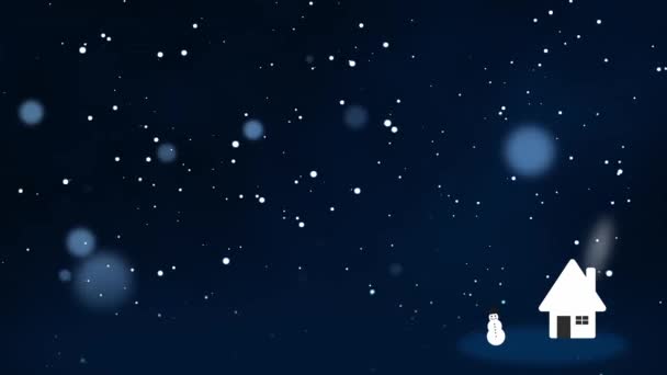 Snowy Christmas Background Happy Snowman Waving Snowflakes Snowfall Snow Particles — Stock Video
