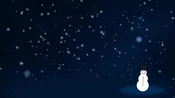 雪の雪の粒に手を振って幸せな雪だるまと雪のクリスマスの背景とコピースペース幸せなクリスマスの前夜とクリスマスのお祝いのためのロマンチックでお祝いの背景に聖なる前夜 — ストック動画