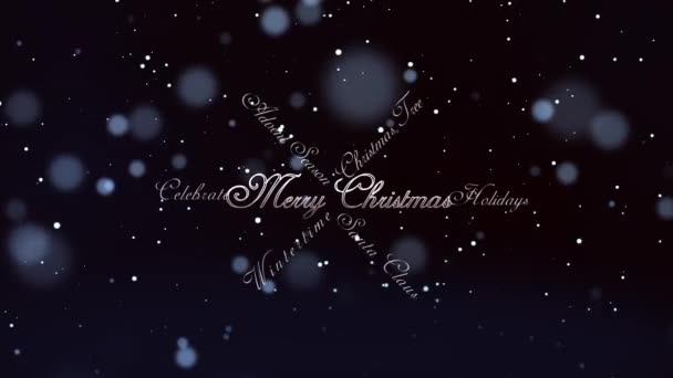 Glowing Merry Christmas Christmas Words Falling Snowflakes Background Dark Blue — Stock Video