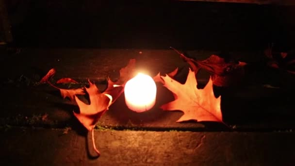 Романтические Горящие Свечи Осенних Листьях Атмосферный Осенний Фон Хэллоуин Фон — стоковое видео