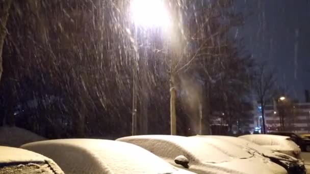 Śnieżna Zimowa Noc Wieczornych Ulicach Miasta Mrozem Zamarzniętym Śniegiem Tworzy — Wideo stockowe