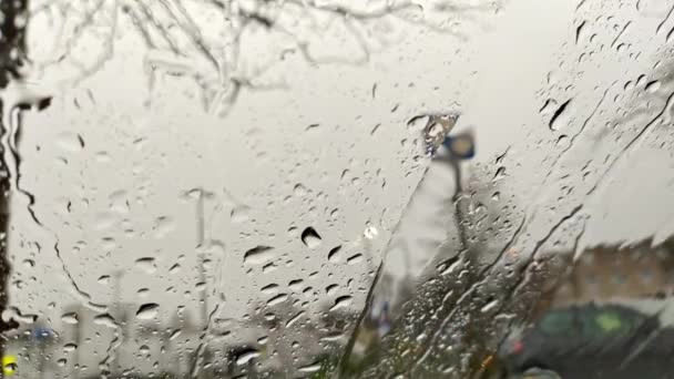 Raindrops Car Window Blurry Background City Streets Background Rainy Day — Stock Video
