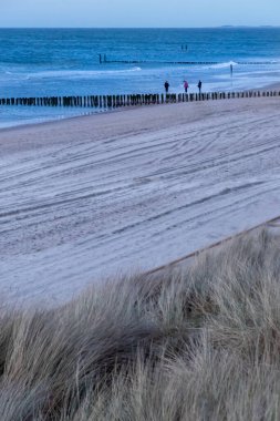 Romantik gökyüzü ile güzel atmosferik plaj gün batımı Kuzey Denizi kumlu plaj olarak mavi renkler gösterir ve doğa mavi saat içinde okyanus rezerv dinlendirici seyahat seyahat acentası tatil