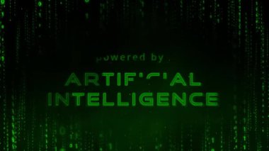 Tehlikeli yeşil matris arka planında yapay zeka sözcükleriyle güçlenen arızalı ikili kod arızalı animasyon ya da yapay zeka kelime ikili kodunun kaybolması