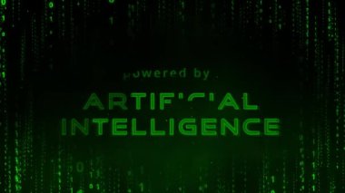 Tehlikeli yeşil matris arka planında yapay zeka sözcükleriyle güçlenen arızalı ikili kod arızalı animasyon ya da yapay zeka kelime ikili kodunun kaybolması