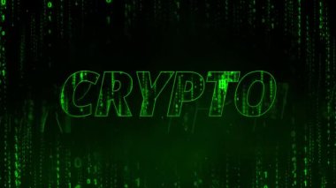 Bitcoin matris yağmuru ve yeşil matris arkaplanlı yeşil kelime Kripto kripto, kripto para birimi madenciliğini ve dijital para birimlerini blok zinciri ve suçlular veya güvenli kripto para birimi olarak gösteriyor.