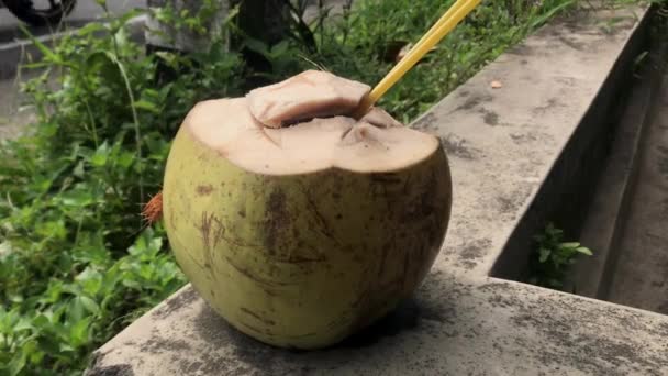 新鮮なココナッツフルーツがオープンし藁で飲む準備ができています — ストック動画