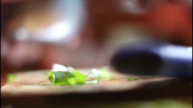Bıçak tutan el, yeşil soğan doğrayan. Tahta bir kesme tahtasının üzerinde bıçakla doğramak. Mutfakta sebze pişiriyorum.