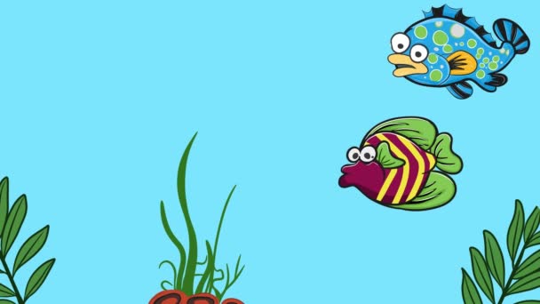Disegno Animato Dei Cartoni Animati Del Nuoto Pesci Acqua Mare — Video Stock