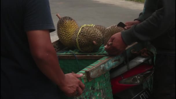 Durian Geschältes Durian Geschältes Durian Messer Verkauft Auf Motorrädern — Stockvideo