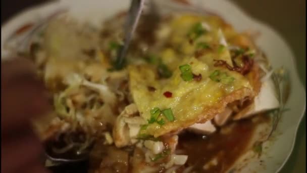 有选择地把重点放在准备Kupat Tahu Blabak上 传统食品包括豆腐片 木薯饼 奶牛腿 面条和黑虾酱黑汤 — 图库视频影像