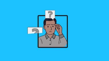 Sorusu olan bir iş adamı. Sorunun çözümü. Karakter animasyonu. Soru işareti. Mavi arkaplan.