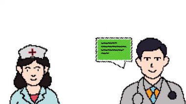 Pikselleşmiş doktorlar ve hemşireler tıbbı tartışıyor ve yönetiyorlar..