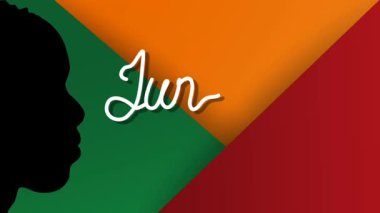 Kırmızı, sarı, yeşil çizgilerin üzerinde siyah adam silueti olan Haziran animasyonu. Kalın düz stil, Afrika gururunu, eşitliğini ve kültürel kimliğini simgeliyor..