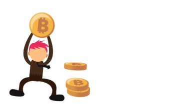 Arka plana Bitcoin kripto para atan bir iş adamının animasyonu. 4K çözünürlük çizgi filmi.