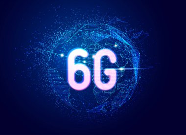 Telekomünikasyon teknolojisi ya da kablosuz teknoloji konsepti, noktalı küre ve fütüristik elementle neon 6G grafiği