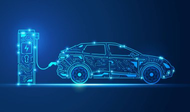 Elektronik şablonla birleştirilmiş EV şarj istasyonu ve elektrikli aracın grafiği