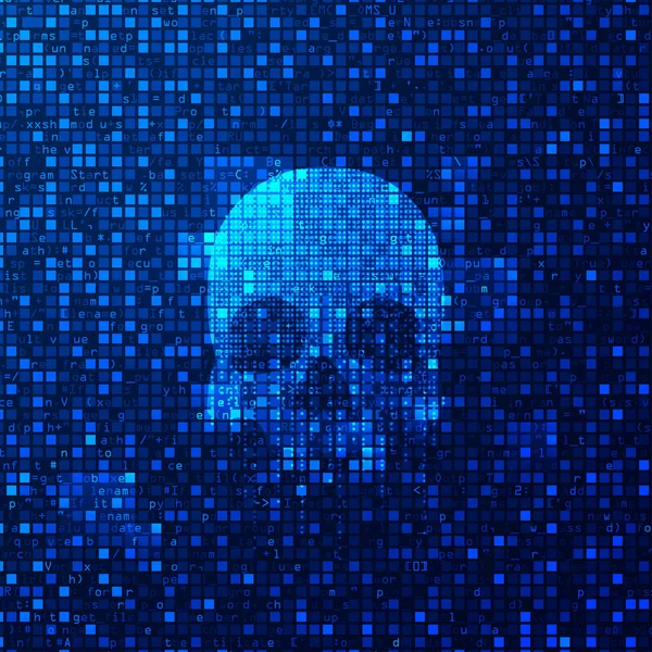 사이버 범죄나 사이버 공격의 프로그래밍 스크립트 배경의 두개골 그래픽 — 스톡 벡터