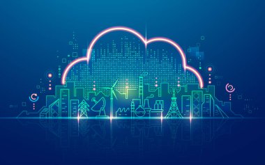 IOT ya da bulut hesaplama teknolojisi konsepti, gelecekçi şehirle bulut şekli grafiği