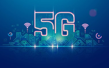 İletişim teknolojisi ya da yüksek hızlı kablosuz ağ konsepti, 5G grafiği fütüristik şehirle birleştirilmiş.