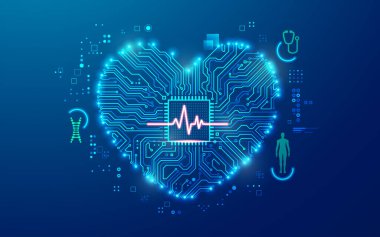 Kardiyoloji ya da kalp sağlığı konsepti, kalp ve nabız dalgalarının grafiği elektronik pano modeliyle birleştirilmiş. 