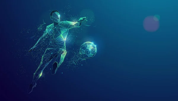 Graphic Wireframe Soccer Player Shooting Ball Lighting Effect — 스톡 벡터
