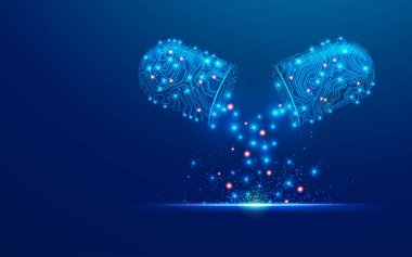 Biyomühendislik ya da sağlık teknolojisi konsepti, 3 boyutlu hap grafiği ve elektronik desen.