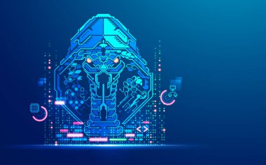 Siber saldırı ya da hacker konsepti, bilgisayar korsanı karakterinde sunulan gelecekçi yılan grafiği