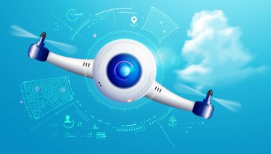 Gözetleme insansız hava aracı teknolojisi konsepti, gökyüzü arka planında uçan robotik gözlü askeri insansız hava aracı grafiği.
