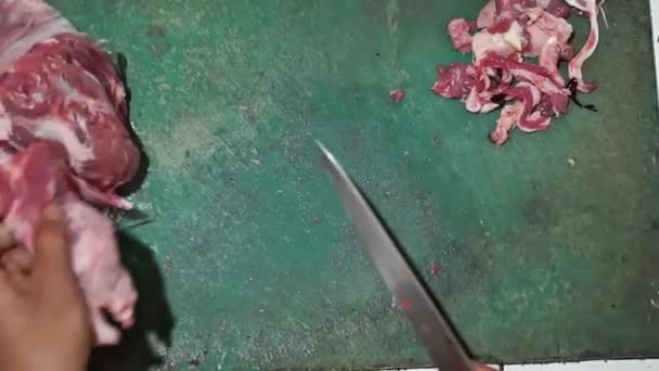 Βλέποντας Από Ψηλά Κοπή Βοείου Κρέατος Για Κάνει Satay Street — Αρχείο Βίντεο