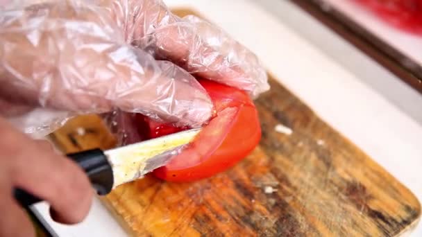 Tomaten Snijden Voor Rundernoedelsoep Street Food — Stockvideo