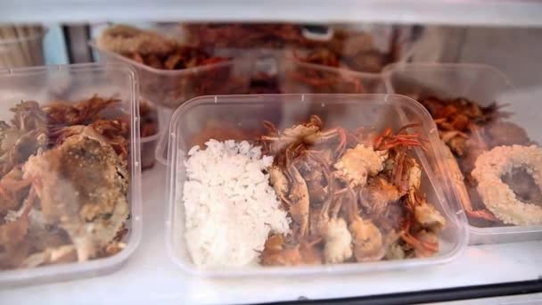 Crab Rice Squid Display Case Sale Street Food — Stock Video