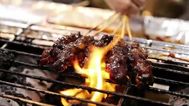 Wieprzowina Satay Grillowane Nad Płonącym Ogniem Podczas Przewracania Uliczne Jedzenie — Wideo stockowe