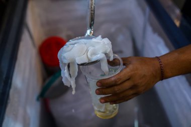 Genç hindistan cevizi suyu bir bardağa doldurulur ve yakın servis edilir.        