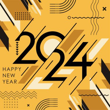 Modern hat yazısı ve sarı arkaplan tarzıyla yeni yıl 2024 metin tasarımı kutlu olsun. 2024 siyah çizgi için yaratıcı tebrik kartı afişi. Son Vektör illüstrasyonu.