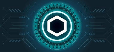 Şifreli para birimi temalı zincirli para sembolü. Zincir bağı veya LINK simgesi için modern neon renk pankartı. Engelleme teknolojisi, dijital defi yenilik ve ticaret döviz konsepti.