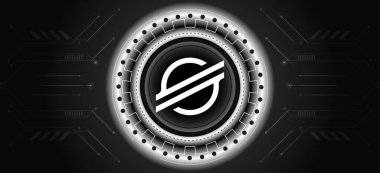 Yıldız XLM lumen para sembolü ve kripto temalı arka plan tasarımı. XLM Lumens simgesi için modern neon renkli pankart. Kripto para birimi engelleme teknolojisi, dijital yenilik veya takas.