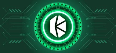 Şifreleme temalı fon tasarımlı KuCoin KCS para sembolü. Ku Coin simgesi için modern neon renkli pankart. Kripto para birimi engelleme teknolojisi, dijital yenilik veya takas.