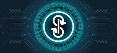 Kripto para birimi temalı arka plan tasarımlı bir finans logosu. YFI simgesi için modern neon renkli pankart. Kripto para birimi Engelleme teknolojisi, dijital yenilik ve takas kavramı