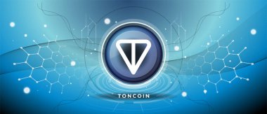Toncoin TON para logosu ve kripto temalı mavi arka plan tasarımı. Toncoin logosu TON simgesi için modern neon renkli pankart. Kripto para birimi, engelleme zinciri teknolojisi, sembol. Vektör küçük resmi.