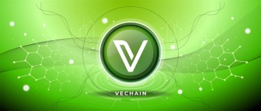 Vechain VET para sembolü kripto temalı yeşil arka plan tasarımı. Vechain logo VET simgesi, V harfi kripto para birimi, engelleme zinciri teknolojisi için modern neon renkli pankart, sembol. Vektör küçük resmi