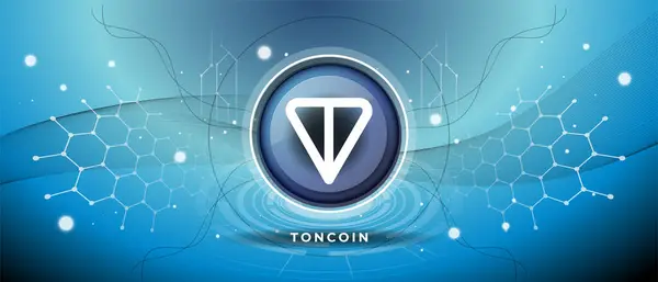 stock vector Toncoin TON coin logo with crypto currency themed blue background design. Modern neon color banner for Toncoin logo TON icon. Cryptocurrency, Blockchain technology, token. Vector thumbnail.