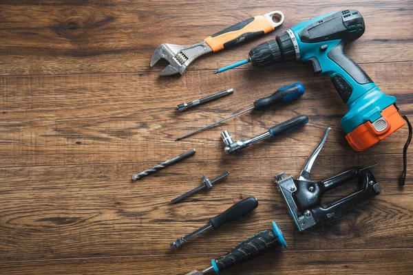 stock image different tools on the wooden table background