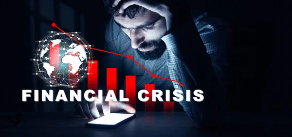 Uomo Telefono Mano Con Crisi Finanziaria Nello Schermo — Foto Stock