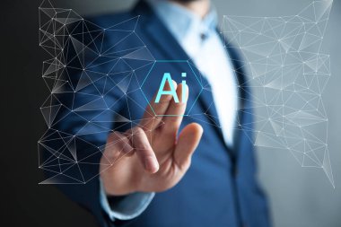 İş adamının ekranda dokunduğu yapay zeka kavramı.