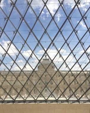 Camdan Louvre Müzesi 'nin manzarası. Geometrik cam yapı, tarihi mimari, mavi gökyüzü ve turistler. İkonik Paris simgesi, modern ve klasik karşıtlık.